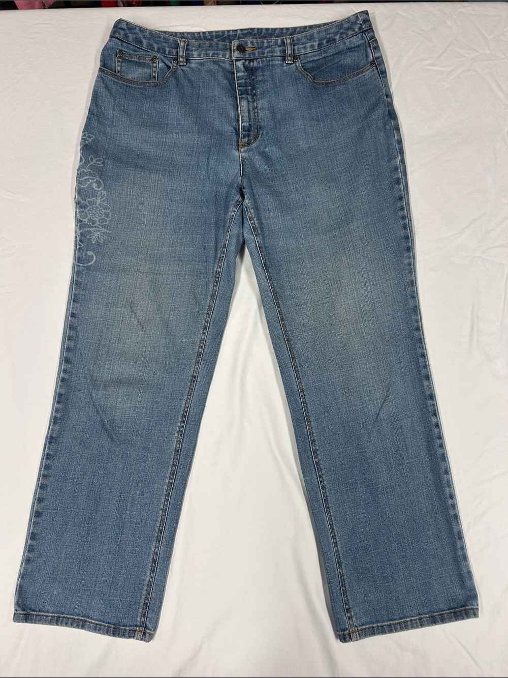 Talbots Women's Straight Leg Jeans in Medium Blue with Subtle Side Embroidery